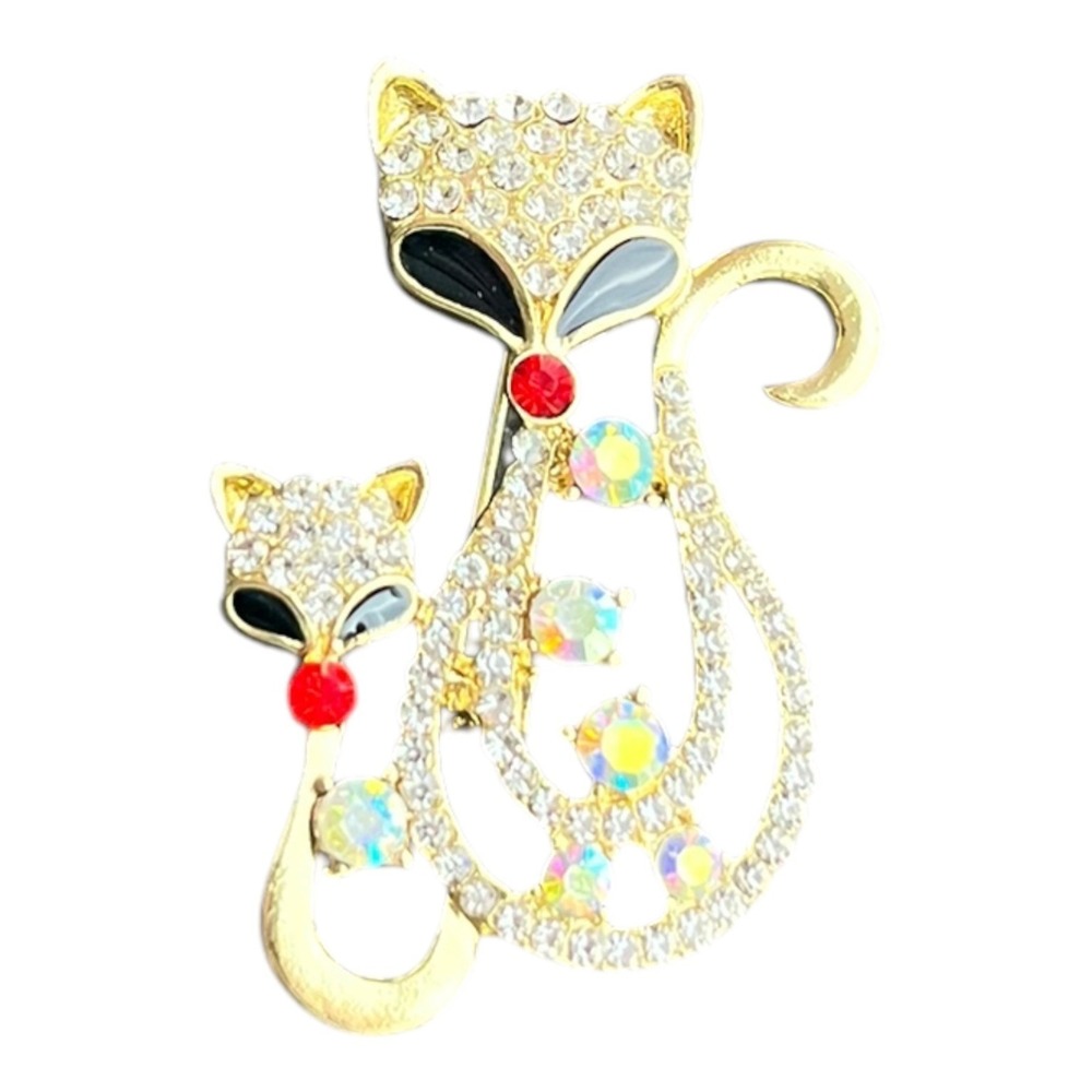 Cat Family Brooch Pin Women's Gold Tone Rhinestone Enamel 1.75" Feline Jewelry